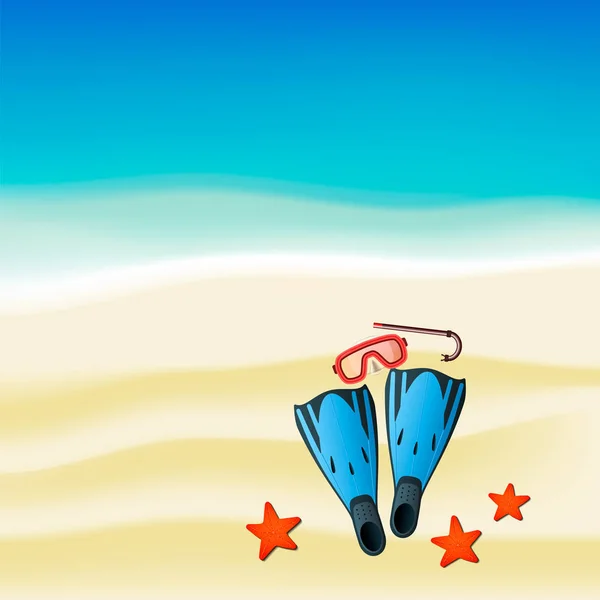Beack üzerinde şnorkel, maske ve paletile dalış renkli kiti — Stok Vektör