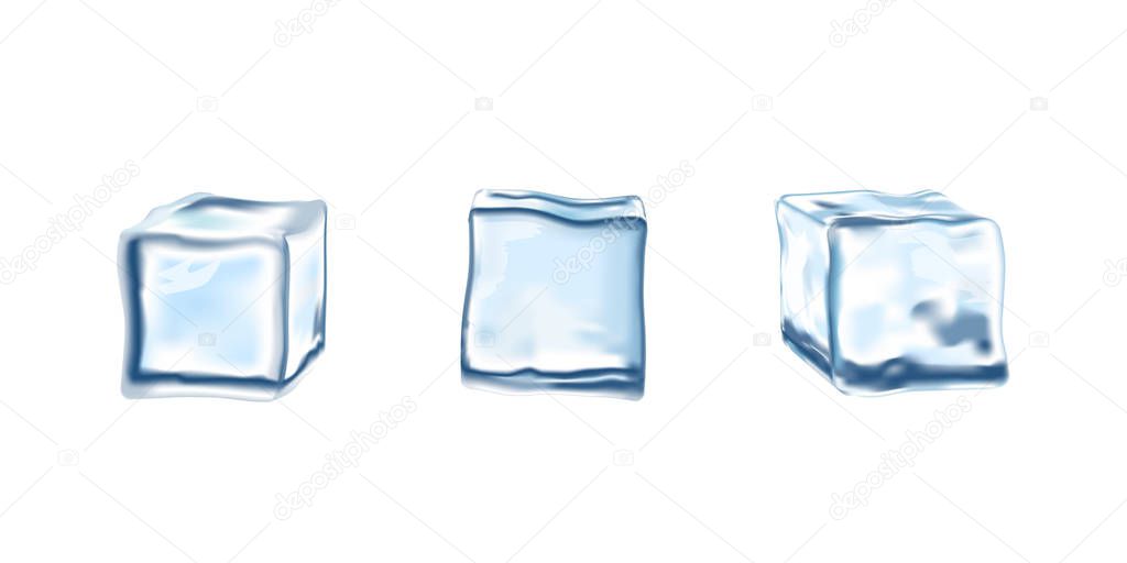 Three realistic blue ice cubes