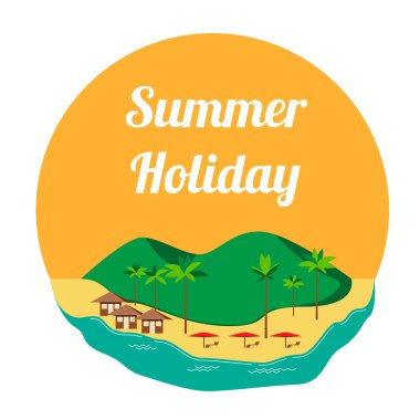 Ada manzarası ve palmiye ağaçları ile yaz tatili konsepti.