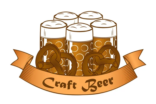 Striscione di birra artigianale con bicchieri di birra e pretzel — Vettoriale Stock