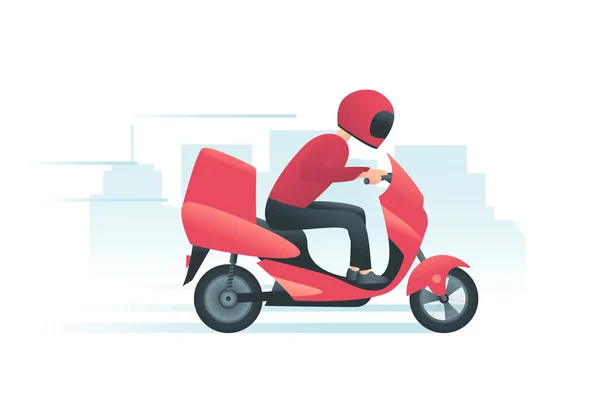 Şehir arka plan ile kırmızı motosiklet üzerinde Kurye — Stok Vektör