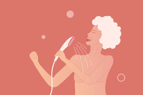 Młoda kobieta śpiewa pod prysznicem jak gwiazda rocka stwarzają — Wektor stockowy