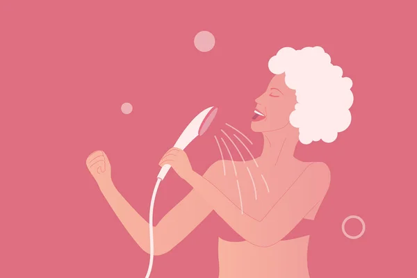Jeune femme chante à la douche comme une pose rock star — Image vectorielle