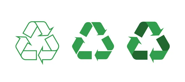 Set di tre icone simbolo di riciclaggio verde — Vettoriale Stock