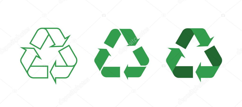 Three green recycling symbol icons set