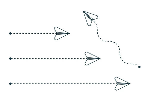 Papier-Origami-Flugzeuge mit gepunkteten Pfad-Symbolen. — Stockvektor