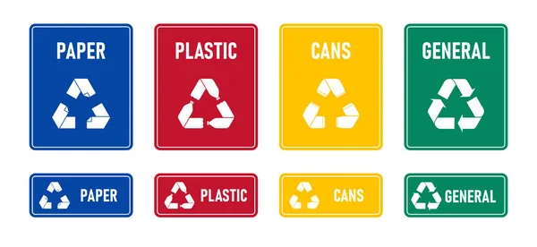 Recykling śpiewa z etykietami produktów odpadowych — Wektor stockowy