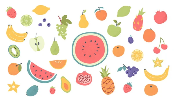 Ensemble Fruits Dessinés Main Fruits Exotiques Tropicaux Végétaliens Pomme Orange — Image vectorielle