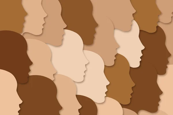 National diverse or race diverse concept. Female face silhouettes with variety of skin tones. People crowd, group. Female faces looking in one direction. Women's right concept. Vector illustration