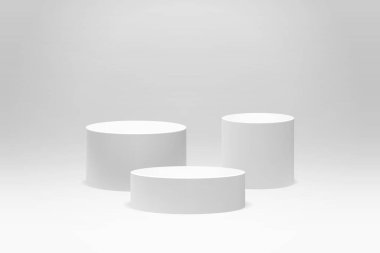 Üç beyaz tüp kaidesi. 3 boyutlu kaide modeli. Ürün tanıtımı için 3D platform, sergi. Beyaz sahne modeli. Vektör illüstrasyonu