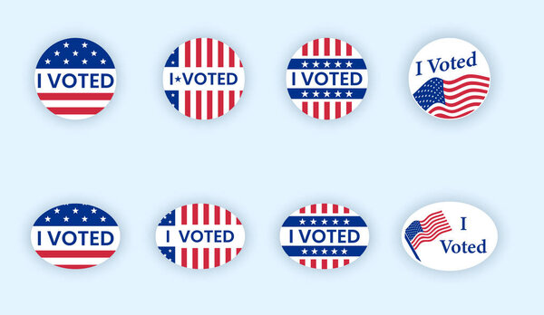 I voted sticker collection. Vote badges on election day. Circle vote sticker or label. US, USA, american election, voting sign. I voted quote. Responsible voting badge or pin. vector illustration