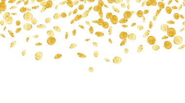 Düşen paralar arka planda. Kumarhane ikramiyesi veya kazanma konsepti. Nakit düşüşü, düşüş ya da para yağmuru siyah izole arka planda. Altın para düşüyor. Kumar oyunu büyük ikramiyesi. Vektör illüstrasyonu
