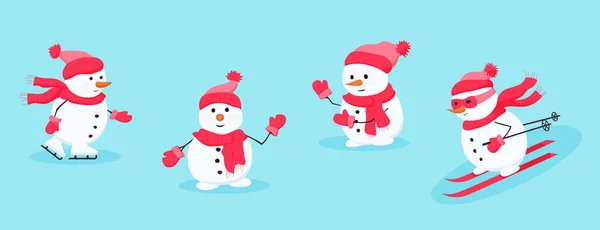 Muñeco de nieve se regocija, divirtiéndose, saludando y olas — Vector de stock