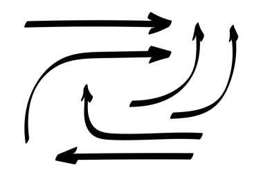 Karalama okları yerleştirildi ya da toplandı. El çizimi şekiller, yön işaretleri ya da semboller. Mürekkep oku vektörü. Karalama sembolleri. İşaret simgeleri. İşaretli grafik sembolleri. Vektör illüstrasyonu