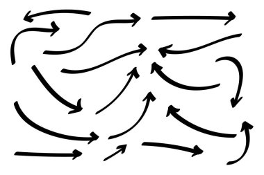 Karalama okları yerleştirildi ya da toplandı. El çizimi şekiller, yön işaretleri ya da semboller. Mürekkep oku vektörü. Karalama sembolleri. İşaret simgeleri. İşaretli grafik sembolleri. Vektör illüstrasyonu