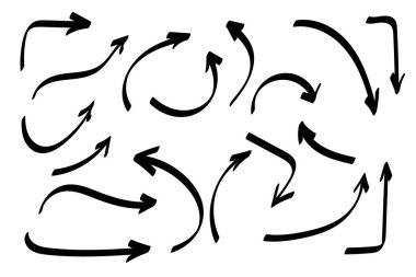 Karalama okları yerleştirildi ya da toplandı. El çizimi şekiller, yön işaretleri ya da semboller. Mürekkep oku vektörü. Karalama sembolleri. İşaret simgeleri. İşaretli grafik sembolleri. Vektör illüstrasyonu