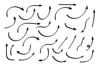 Karalama okları yerleştirildi ya da toplandı. El çizimi şekiller, yön işaretleri ya da semboller. Mürekkep oku vektörü. Karalama sembolleri. İşaret simgeleri. İşaretli grafik sembolleri. Vektör illüstrasyonu