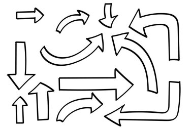 Karalama okları yerleştirildi ya da toplandı. El çizimi yön işaretleri ya da semboller. Mürekkep oku vektörü. Karalama sembolleri. İşaret simgeleri. İşaretli grafik sembolleri. Vektör illüstrasyonu