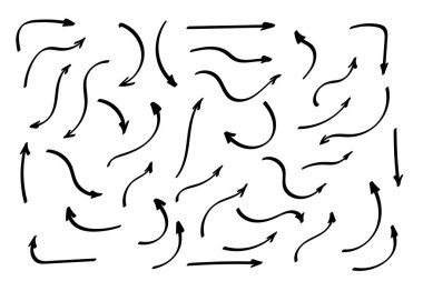 Karalama okları yerleştirildi ya da toplandı. El çizimi şekiller, yön işaretleri ya da semboller. Mürekkep oku vektörü. Karalama sembolleri. İşaret simgeleri. İşaretli grafik sembolleri. Vektör illüstrasyonu