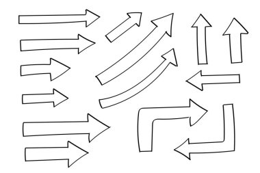 Karalama okları yerleştirildi ya da toplandı. El çizimi şekiller, yön işaretleri ya da semboller. Mürekkep oku vektörü. Karalama sembolleri. İşaret simgeleri. İşaretli grafik sembolleri. Vektör illüstrasyonu