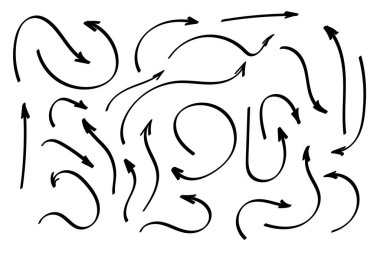 Karalama okları yerleştirildi ya da toplandı. El çizimi şekiller, yön işaretleri ya da semboller. Mürekkep oku vektörü. Karalama sembolleri. İşaret simgeleri. İşaretli grafik sembolleri. Vektör illüstrasyonu