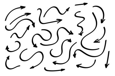 Karalama okları yerleştirildi ya da toplandı. El çizimi şekiller, yön işaretleri ya da semboller. Mürekkep oku vektörü. Karalama sembolleri. İşaret simgeleri. İşaretli grafik sembolleri. Vektör illüstrasyonu