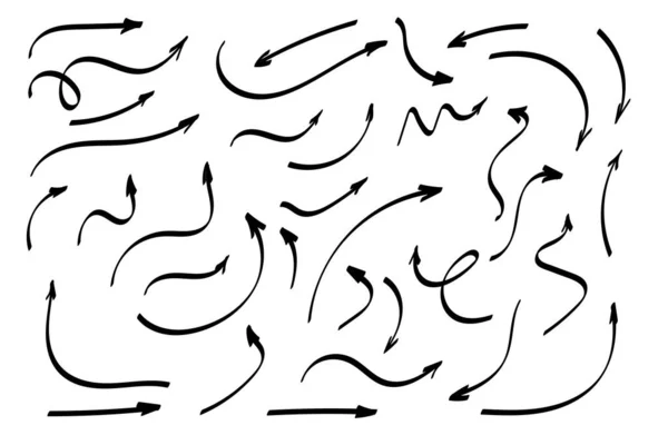 矢をセットまたはコレクションをかわす 手書きの図形 方向記号または記号 インクの矢印ベクトル ドードル記号 アイコンを指す 図形記号を参照 ベクターイラスト — ストックベクタ