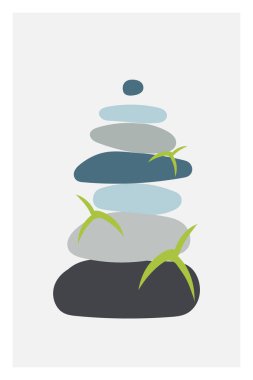 Soyut minimalist el yapımı illüstrasyon. Taş gibi şekiller yığılmış duruyor. Spa, uyum, denge, rahatlama konsepti. Suluboya desenli minimalist poster. Soyut şekilli dikey poster