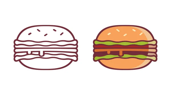 Burger Hamburger Icoon Fast Food Teken Symbool Burger Lijn Gekleurde — Stockvector