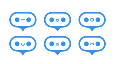 Sohbet robotu mu yoksa sohbet robotu simgesi mi? Robot duyguları ve statüleri - gülümse, üzgün, konuş, sessiz. Robot simgesini destekleyin. Çevrimiçi yardım, online destek. Vektör illüstrasyonu