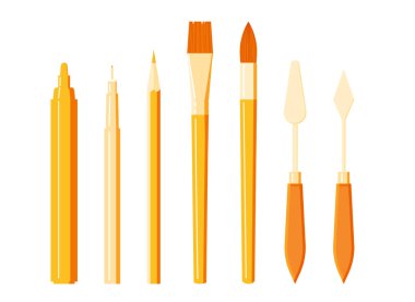 Sanat aletleri. Kalem, fırça, kalem, keçeli kalem, arka plandaki palet bıçağı. Düz çizim. Geleneksel sanat, resim aletleri, ekipmanlar. Vektör illüstrasyonu