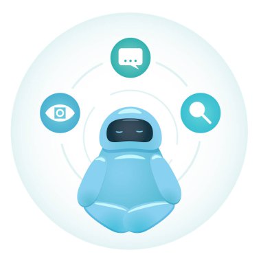 Çemberde oturan sevimli robot karakter.