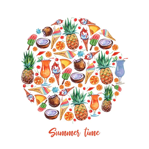 Exotické ovoce kruh v akvarel styl na bílém pozadí. Ovocné jídlo design. Složení ananasu. Čerstvé ovoce. — Stock fotografie