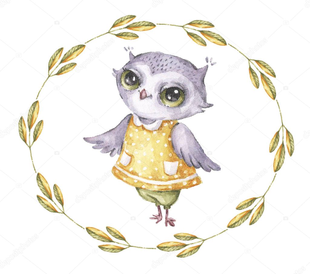 Watercolor vector owl in vintage style. Cute funny cartoon character. Watercolor print