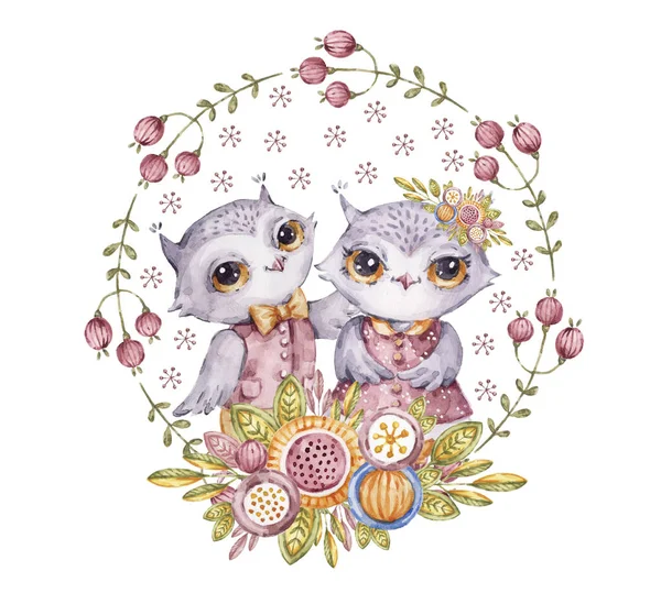 Duas corujas aquarelle bonito em círculo coroa de flores — Fotografia de Stock