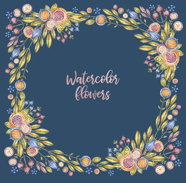 Circle watercolor flower frame isolated on blue