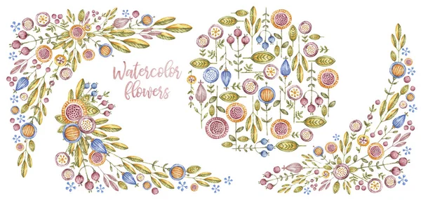 수채화 꽃과 테두리, 카드 커버 디자인 — 스톡 사진