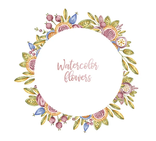 흰색에 고립 된 원 수채화 꽃 프레임 — 스톡 사진