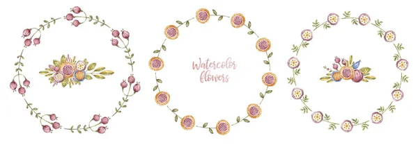 Três quadros de flores círculo aquarela, cartão floral — Fotografia de Stock