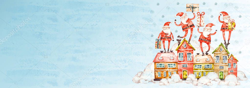 New Year. Noel. Merry Christmas Santa Clauses, houses and gifts on blue background.