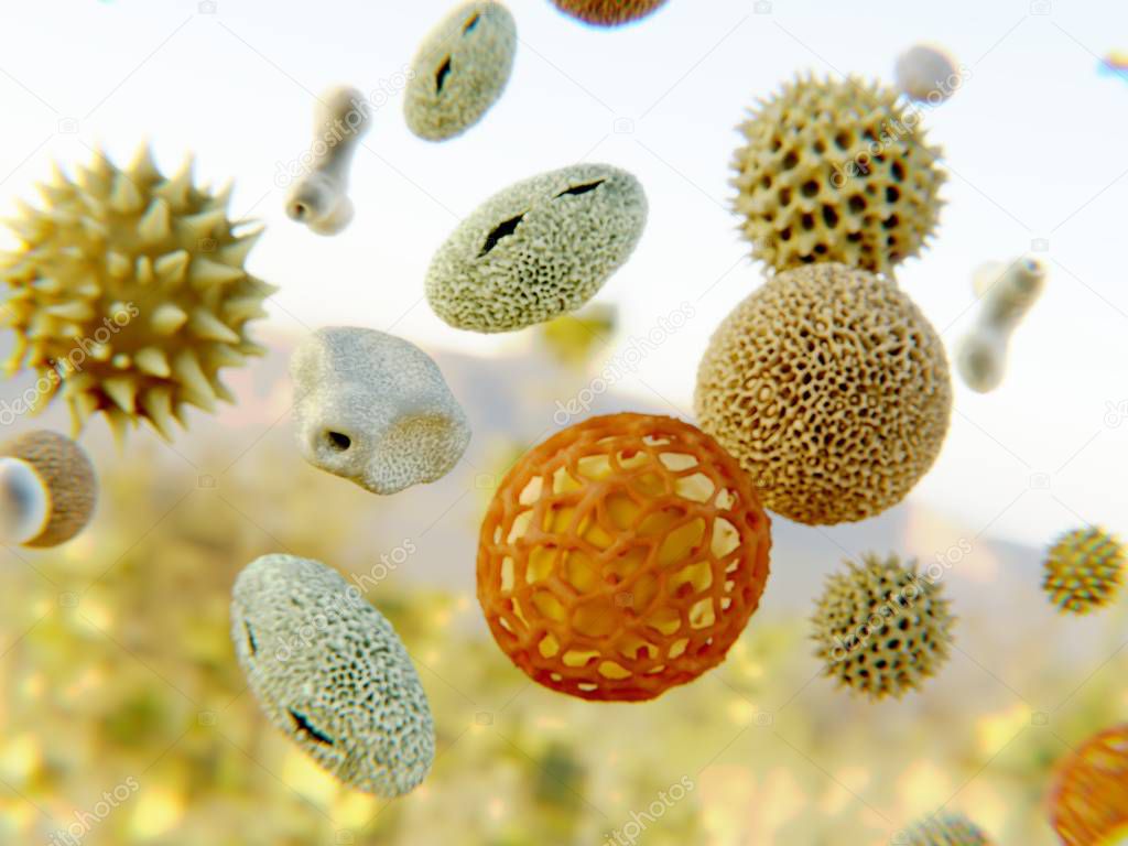 Pollen grains. 3D rendering Pollen grains of 8 different plant species being transported by the wind. Illustration