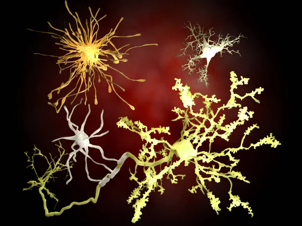 Las Principales Células Del Cerebro Amarillo Neuronas Naranja Astrocitos Gris — Foto de Stock