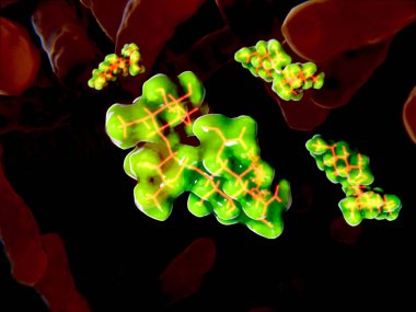 Streptomisin molekülleri. 3D render. Antibiyotik tedavisi ve bakteriyel enfeksiyonları önlemek için kullanılır. Onların öldürmeye veya bakterilerin büyümesini inhibe etkisidir. İllüstrasyon