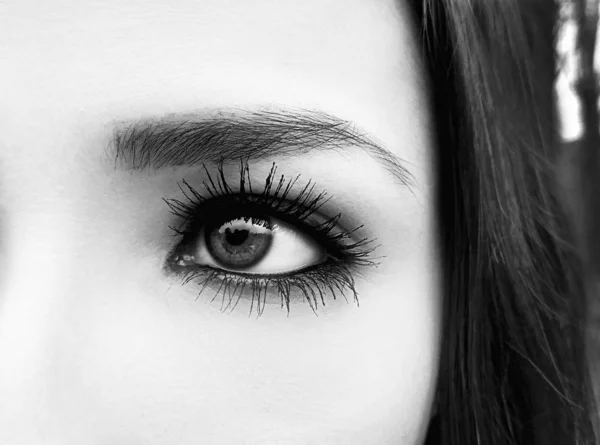Una hermosa mirada perspicaz ojos de mujer. Primer plano. Mira hacia arriba . — Foto de Stock