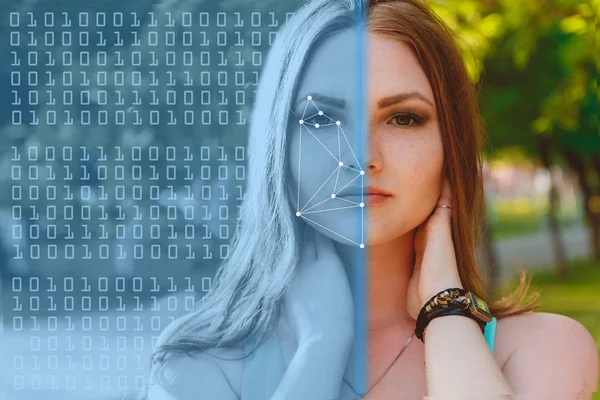Biometric verification. young woman. The concept of a new technology of face recognition on polygonal grid. — Stock Photo, Image