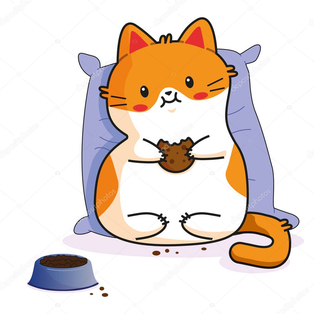 Cute ginger Cat: eating food, meal, chew, holding cookie. Set of kitty, kitten characters in vector, cartoon illustrations. As sticker, emoji emoticon