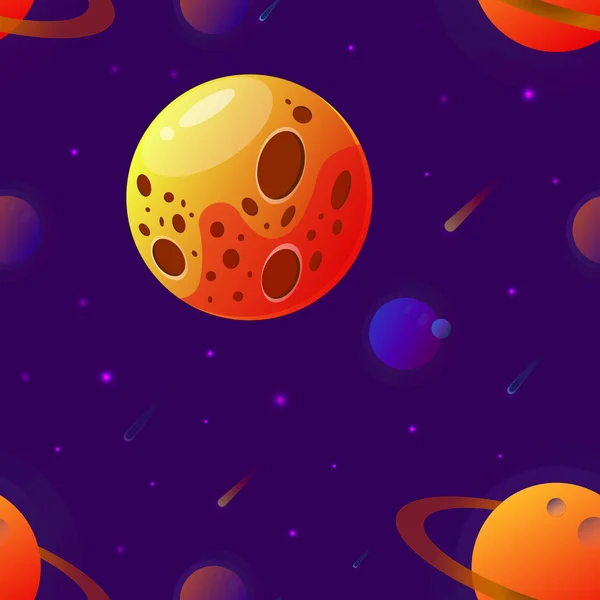 Grande planeta com crateras. ilustração vetorial. Fundo espacial com estrelas, planeta e cometas. Decoração para design . — Vetor de Stock