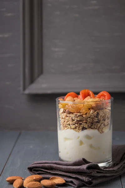 Granola ile ev yapımı yoğurt, kopya alanı ile en sağlıklı tohum ile kurutulmuş meyve ve fındık Bio.