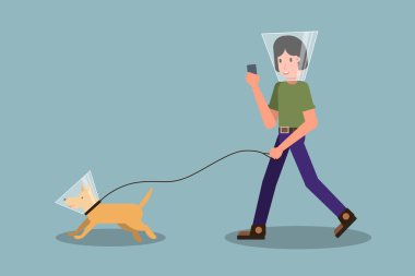 Coronavirus 'tan sonra yeni normal konsept. Yürüyen adam ve köpek koruyucu külah takıyor. İzole edilmiş. Stok vektör Resimlendirmesi