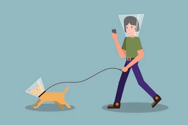 Новая нормальная концепция после коронавируса. Гуляющие мужчина и собака носят защитный конус. Изолирована. Иллюстрация фондового вектора — стоковый вектор